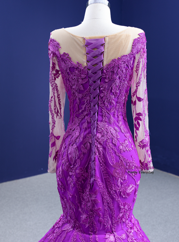 Purple Mermaid Long Sleeve Appliques Prom Dress