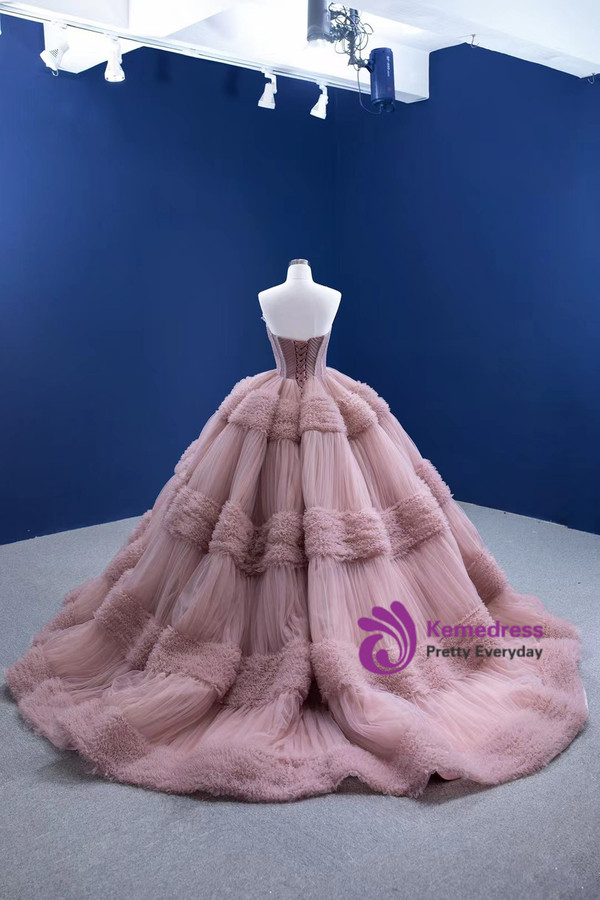 Pink Tulle Sweetheart Pleats Beading Prom Dress