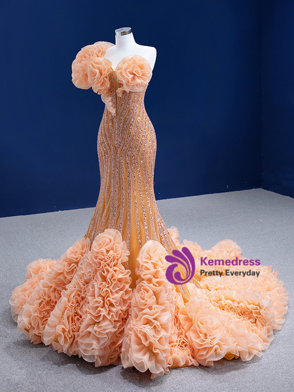 Orange Mermaid Sequins Beading One Shoulder Prom Dress