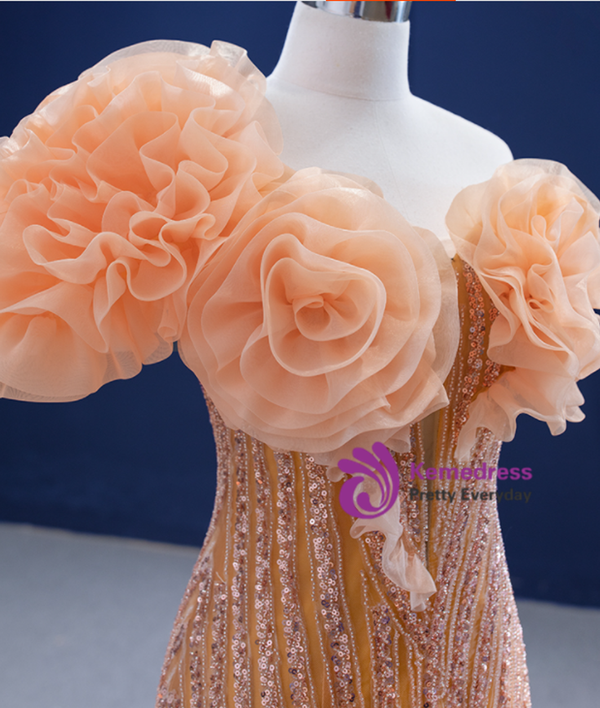 Orange Mermaid Sequins Beading One Shoulder Prom Dress