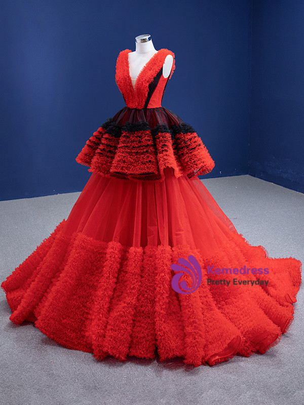 Dreamy Red Tulle V-neck Pleats Prom Dress