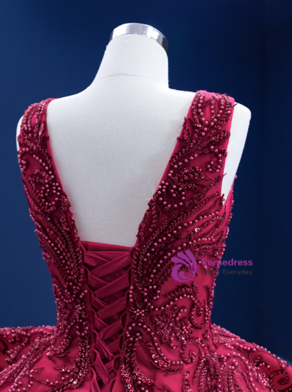 Burgundy Tulle Appliques Beading Pearls Sequins Prom Dress