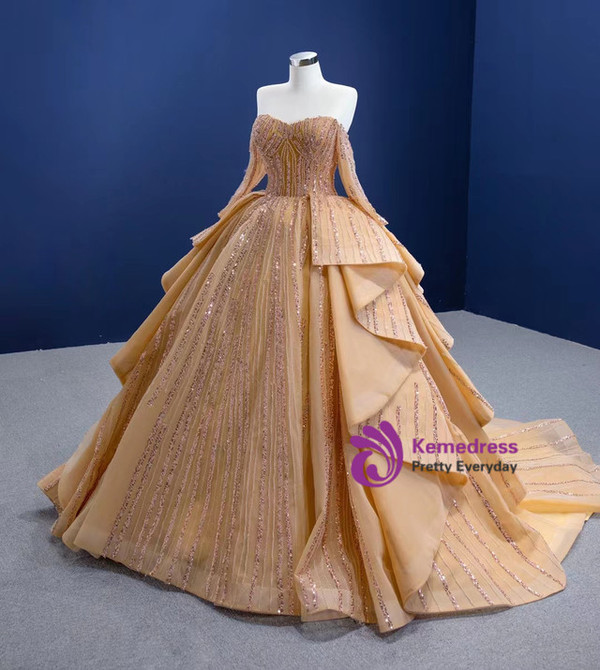 Fancy Gold Tulle Long Sleeve Sequins Beading Prom Dress