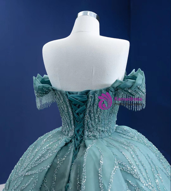 Green Tulle Sequins Beading Off the Shoulder Prom Dress