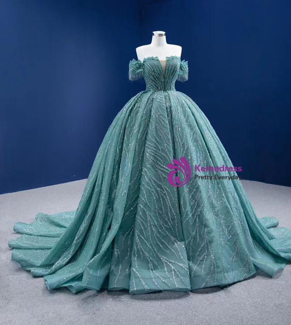 Green Tulle Sequins Beading Off the Shoulder Prom Dress