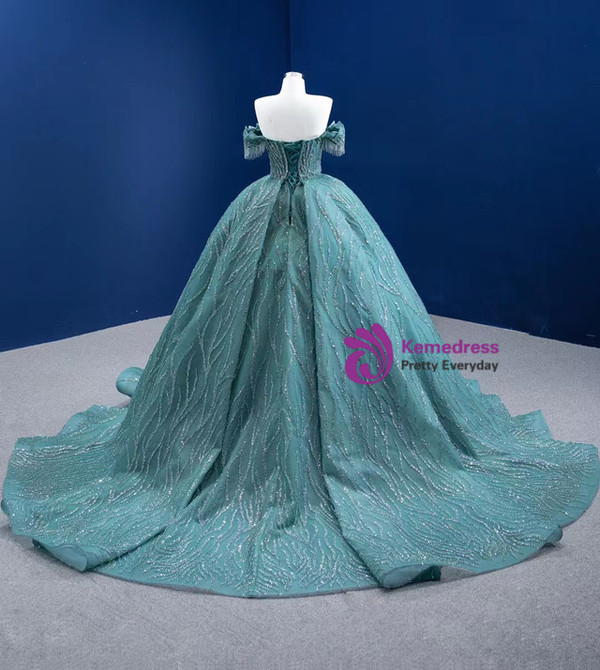 Green Tulle Sequins Beading Off the Shoulder Prom Dress