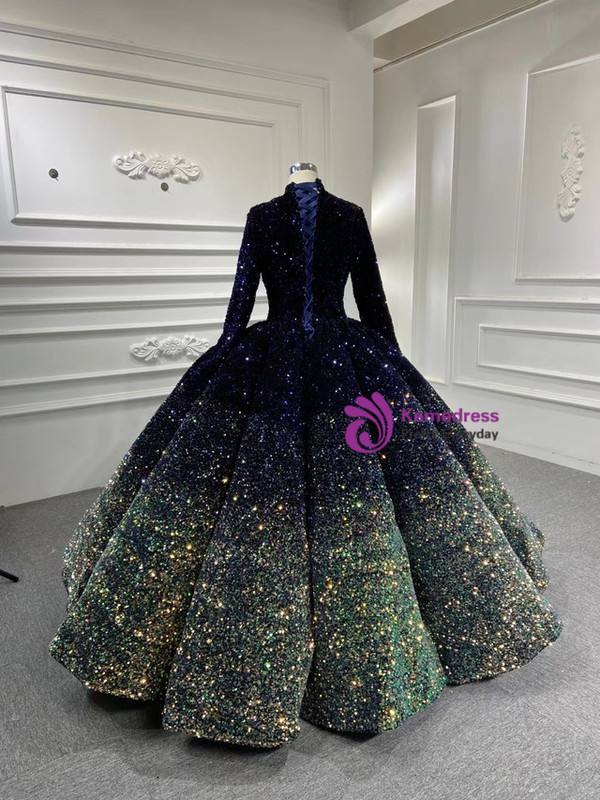 Navy Blue Green Sequin High Neck Sequins Prom Dress