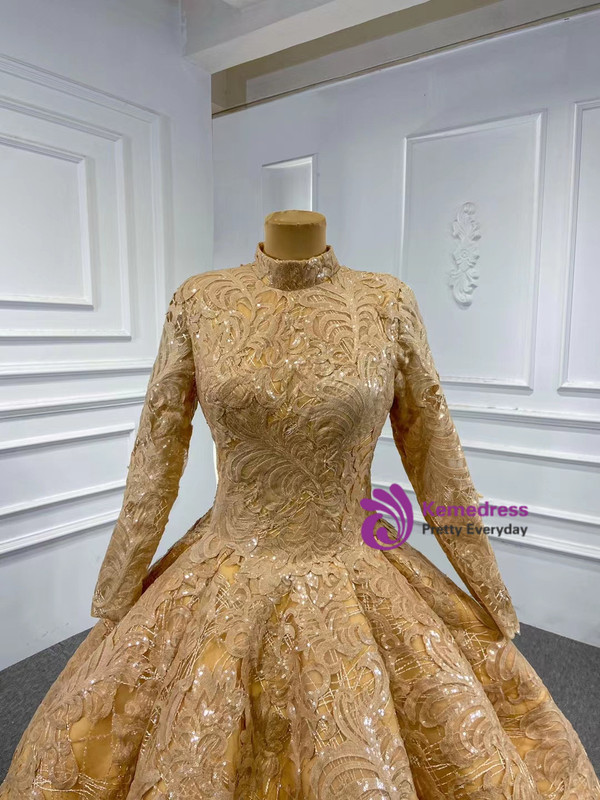 Gold High Neck Appliques Sequins Long Sleeve Prom Dress
