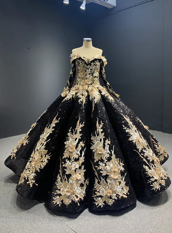 Black Sequins Long Sleeve Appliques Off the Shoulder Prom Dress