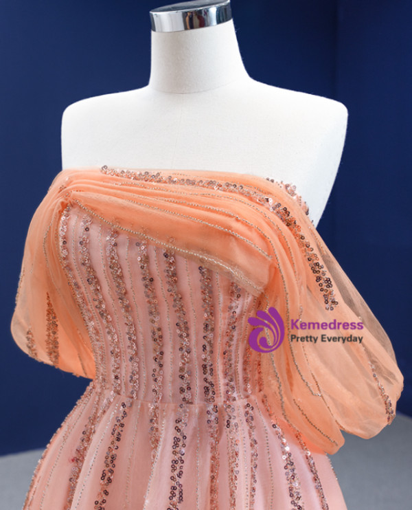 Orange Tulle Sequins Beading Feather Trendy Prom Dress