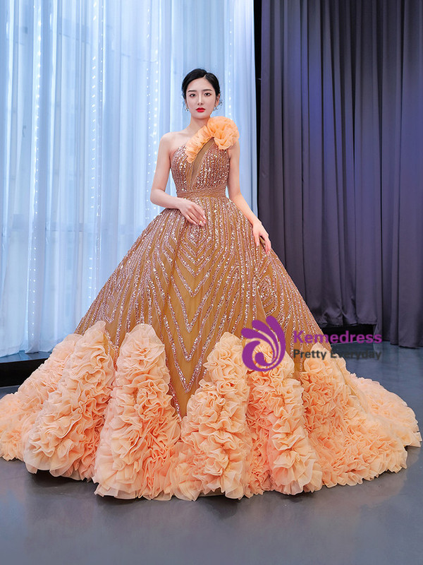 Orange Tulle One Shoulder Sequins Beading Ruffles Prom Dress