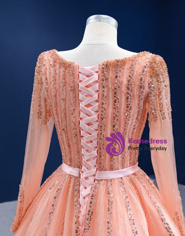 Orange Tulle Square Neck Beading Sequins Long Sleeve Prom Dress