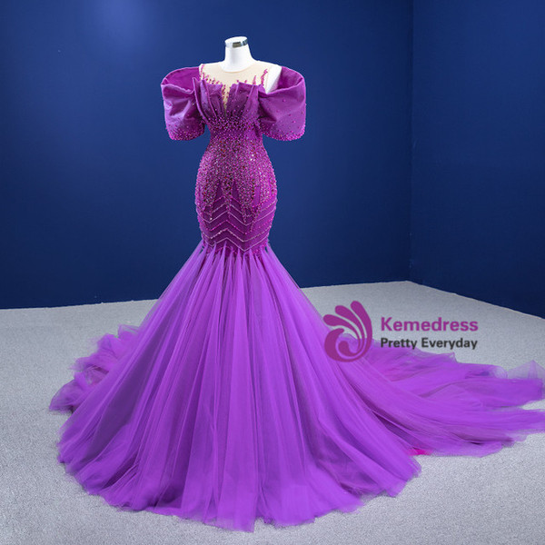 Marvelous Purple Mermaid Tulle Beading Pearls Prom Dress