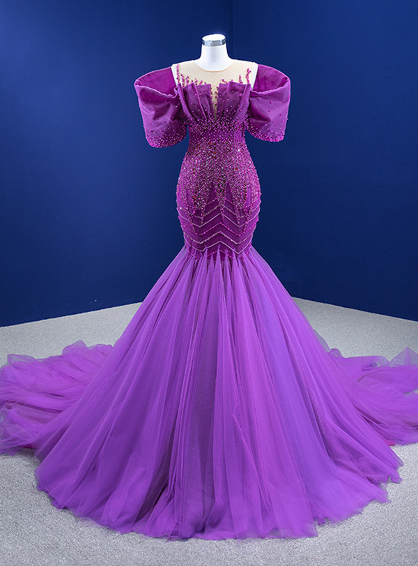Marvelous Purple Mermaid Tulle Beading Pearls Prom Dress