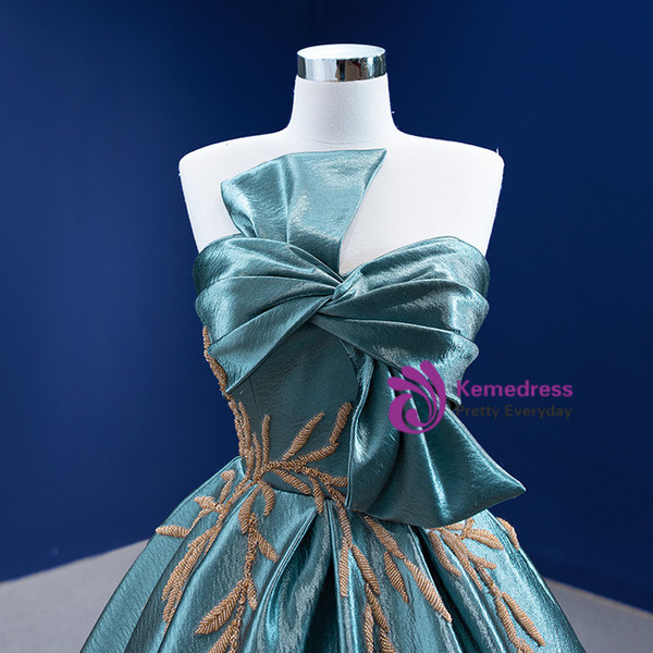 Green Satin Strapless Pleats Beading Prom Dress