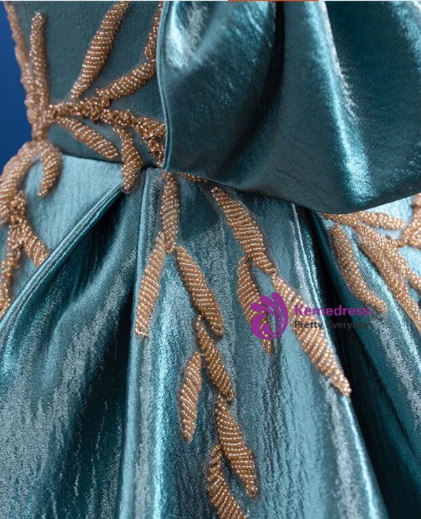 Green Satin Strapless Pleats Beading Prom Dress