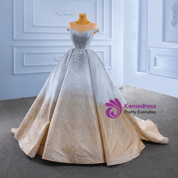 Gold Silver Sequins Cap Sleeve Crystal Prom Dress