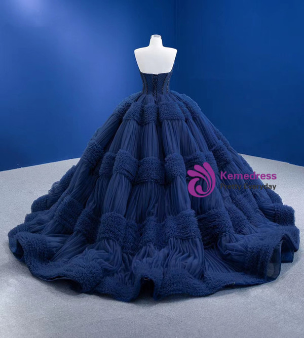 Navy Blue Tulle Pleats Beading Prom Dress