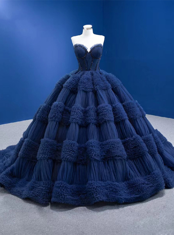 Navy Blue Tulle Pleats Beading Prom Dress