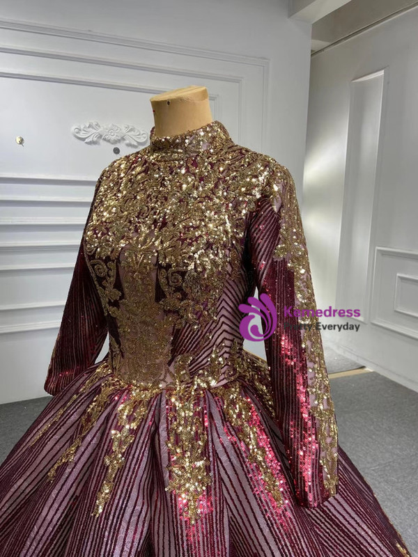 Long Sleeve High Neck Sequins Prom Dress