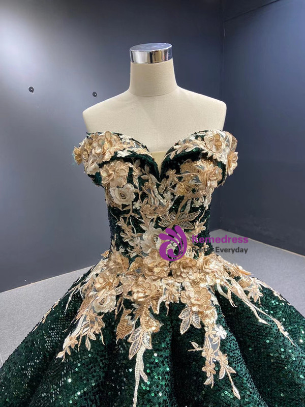 Green Sequins Champagne Appliques Off the Shoulder Prom Dress