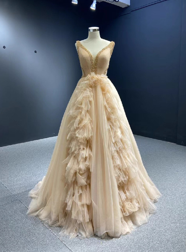 Champagne V-neck Pleats Beading Prom Dress