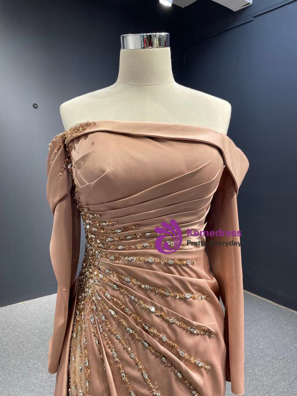 Champagne Satin Long Sleeve Beading With Removable Sleeve