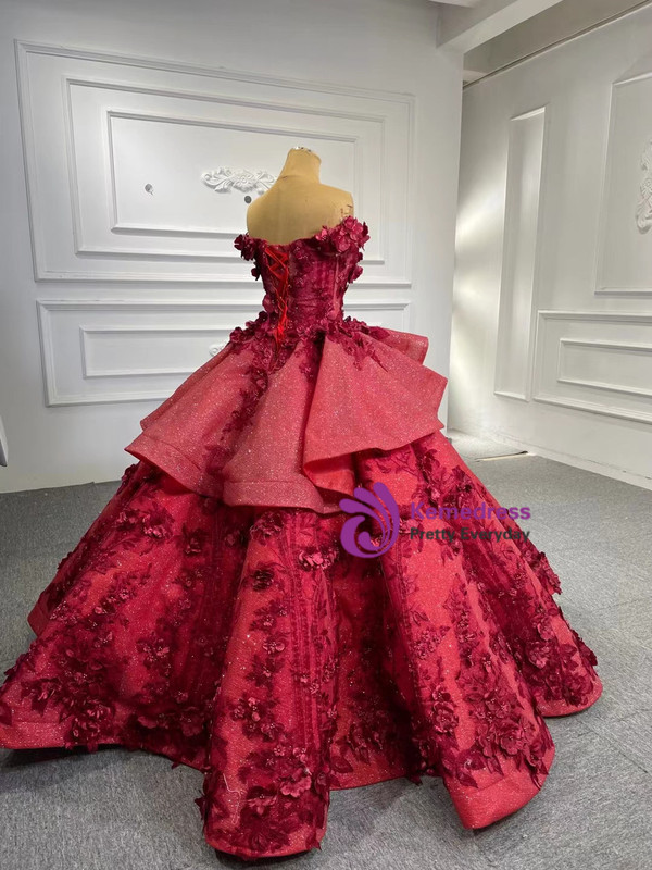 Lovely Burgundy Off the Shoulder 3D Flower Prom Dress