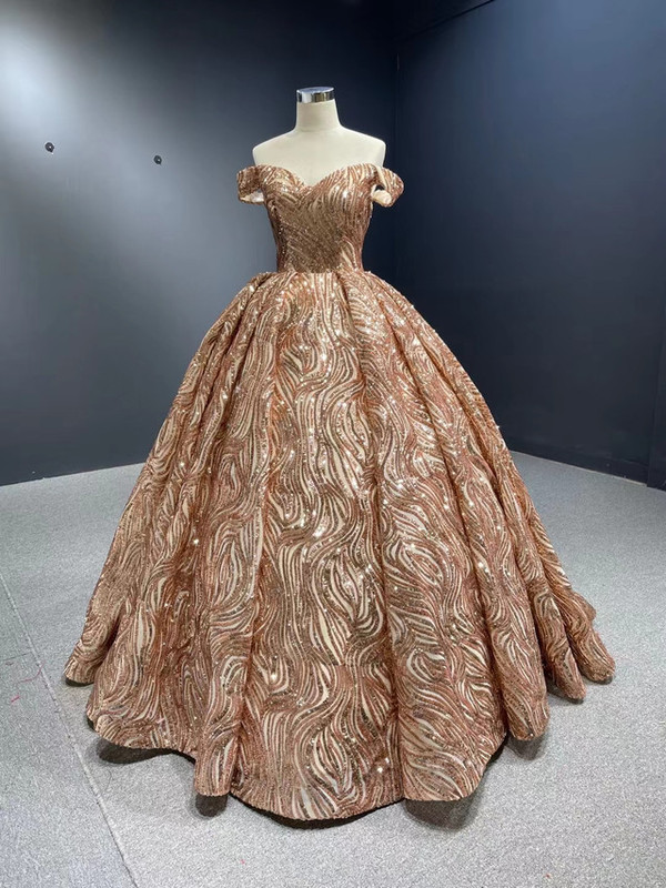 Gold Sequins Beading Off the Shoulder Prom Dress