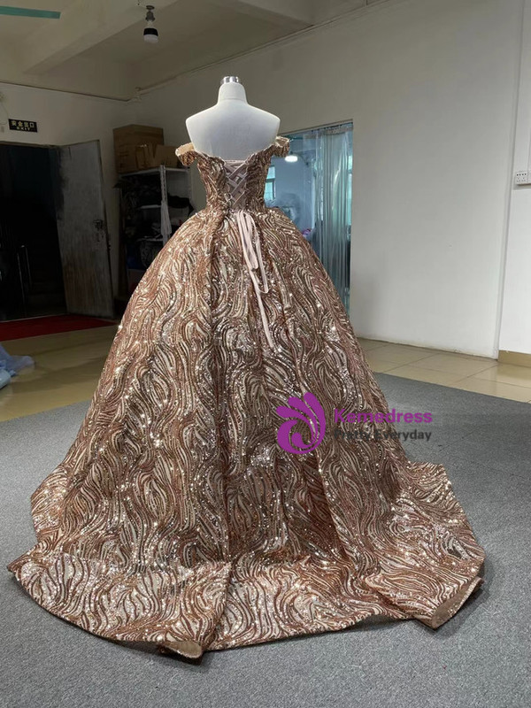 Gold Sequins Beading Off the Shoulder Prom Dress