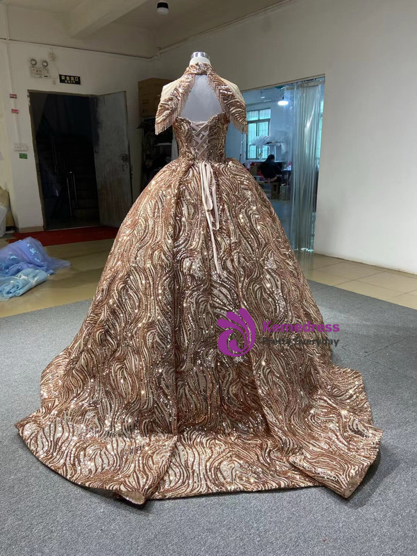 Gold Sequins Beading Off the Shoulder Prom Dress