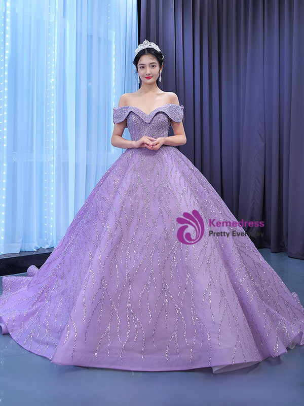 Purple Tulle Sequins Off the Shoulder Ball Gown Prom Dress
