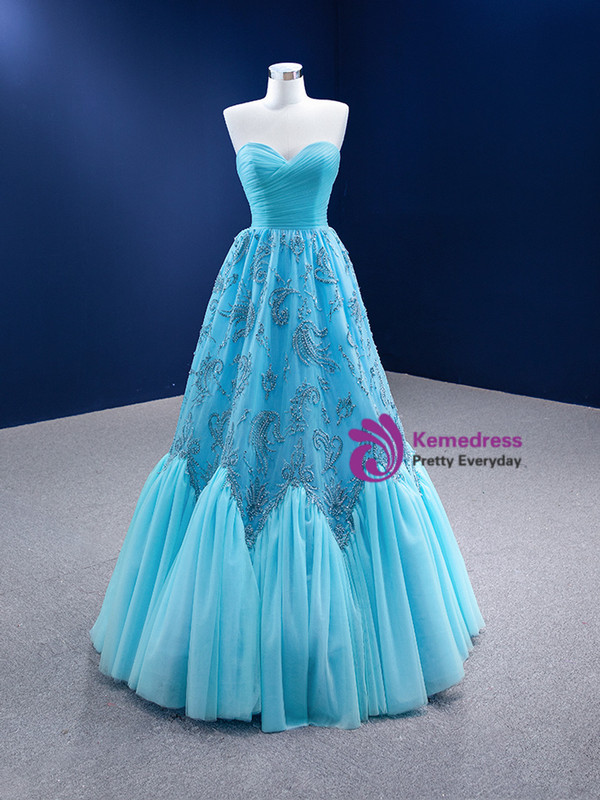 Blue Tulle Sweetheart Pleats Beading Pearls Prom Dress