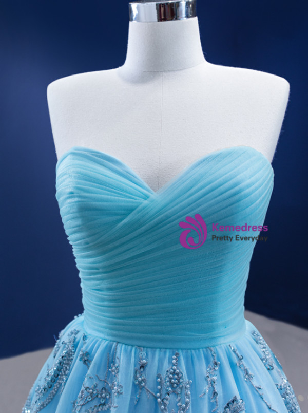 Blue Tulle Sweetheart Pleats Beading Pearls Prom Dress