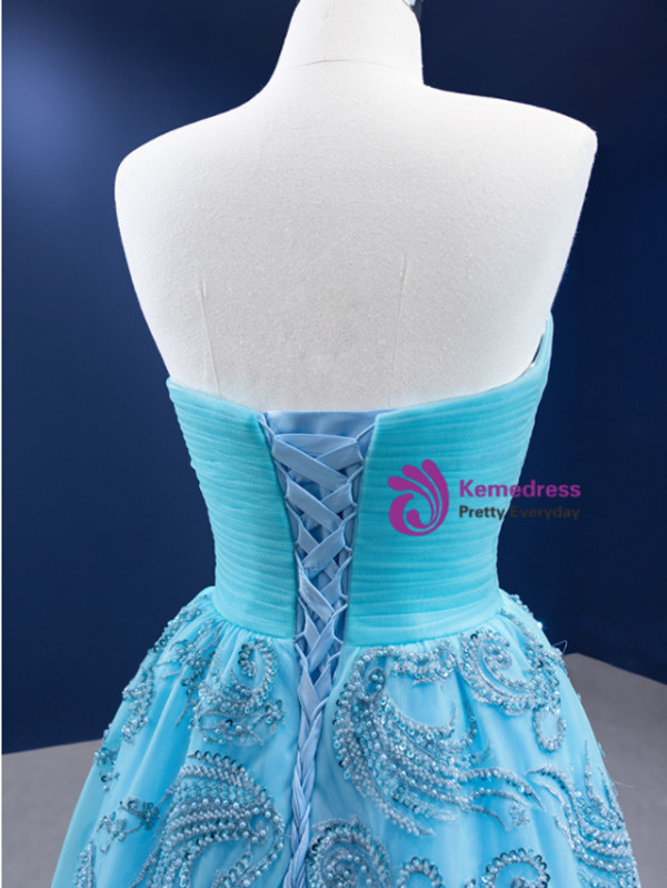 Blue Tulle Sweetheart Pleats Beading Pearls Prom Dress