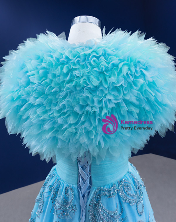 Blue Tulle Sweetheart Pleats Beading Pearls Prom Dress