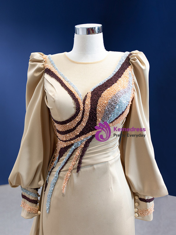 Champagne Satin Long Sleeve Beading Pearls Prom Dress