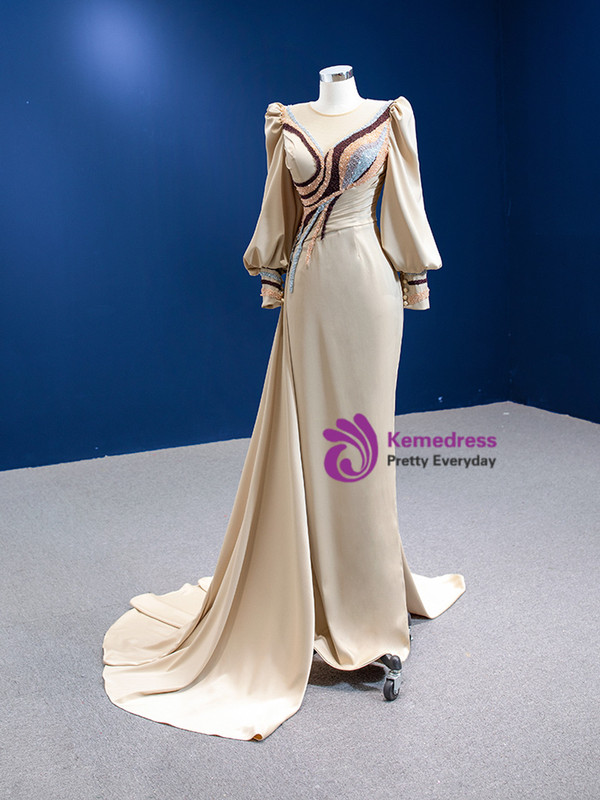 Champagne Satin Long Sleeve Beading Pearls Prom Dress