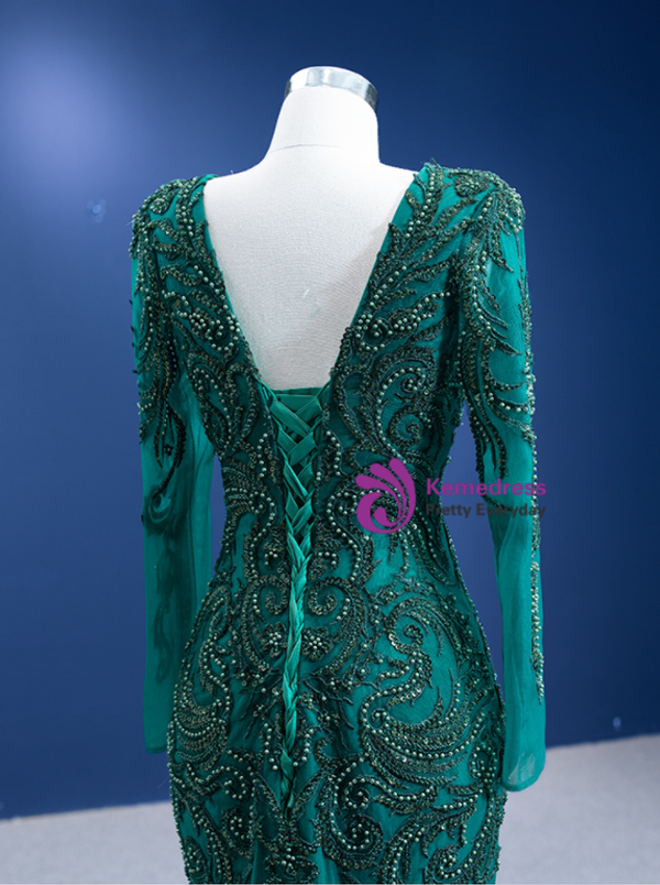 Green Mermaid V-neck Long Sleeve Beading Prom Dress