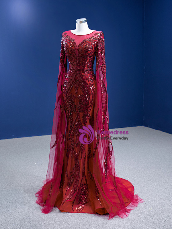 Burgundy Long Sleeve Mermaid Tulle Sequins Prom Dress