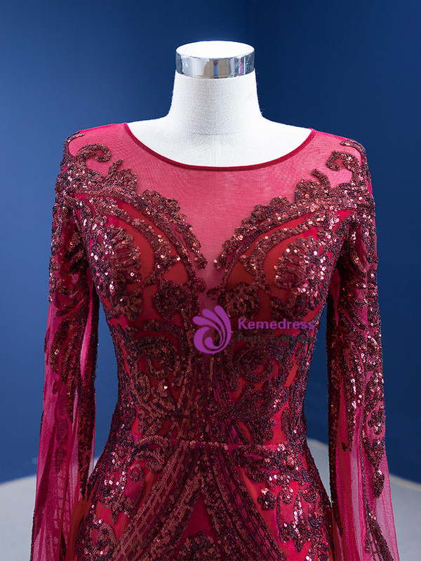 Burgundy Long Sleeve Mermaid Tulle Sequins Prom Dress