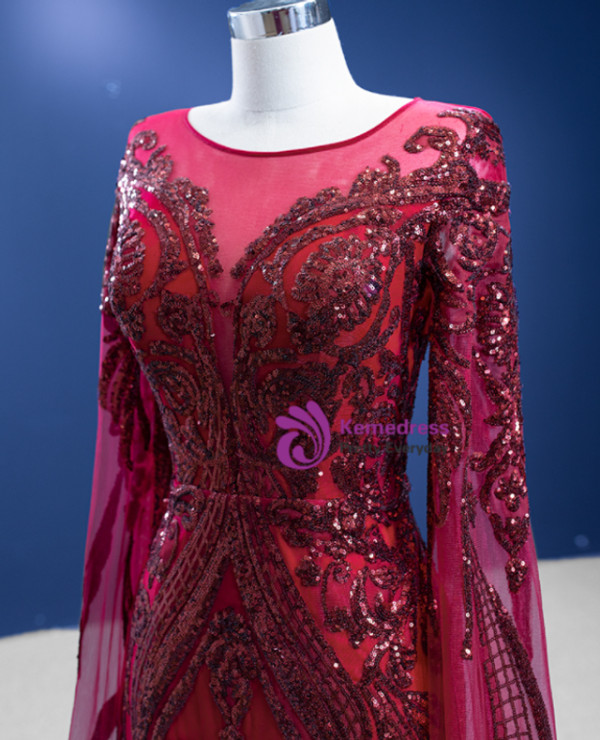 Burgundy Long Sleeve Mermaid Tulle Sequins Prom Dress