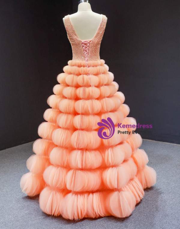 Royal Tulle Tiers V-neck Beading Prom Dress