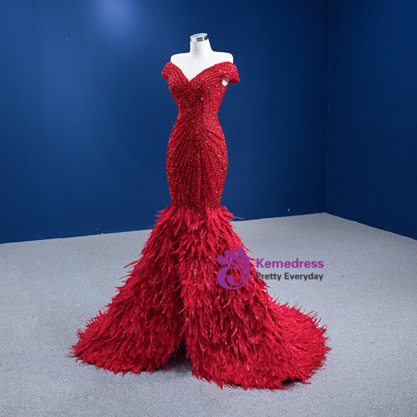 Red Mermaid Sequins Feather Split Prom Dress