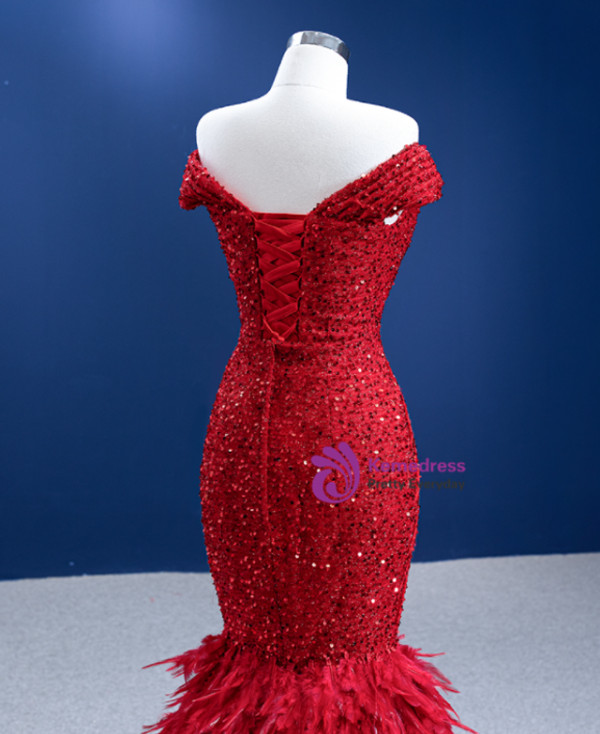 Red Mermaid Sequins Feather Split Prom Dress