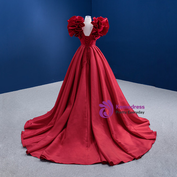 Fashion Red Satin V-neck Pleats Prom Dress