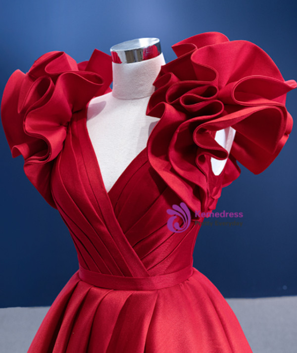 Fashion Red Satin V-neck Pleats Prom Dress