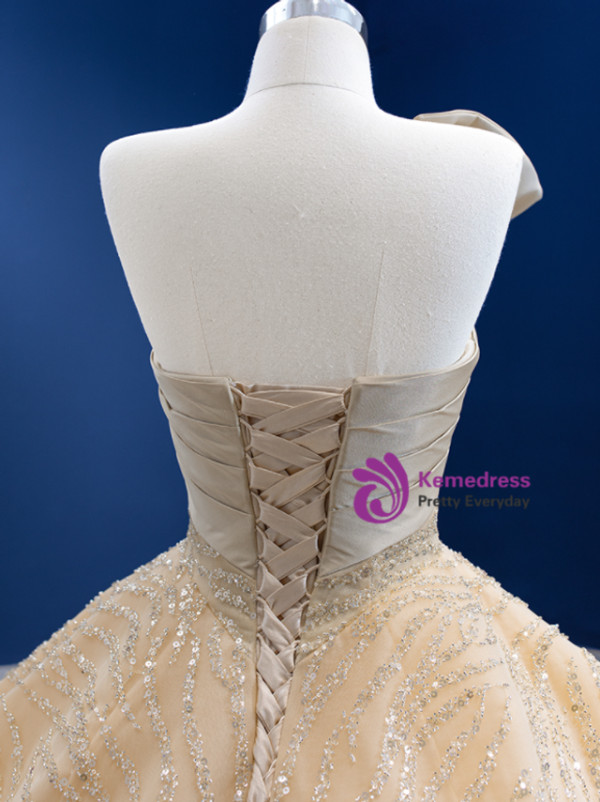 Champagne Strapless Tulle Sequins Beading Prom Dress With Feather