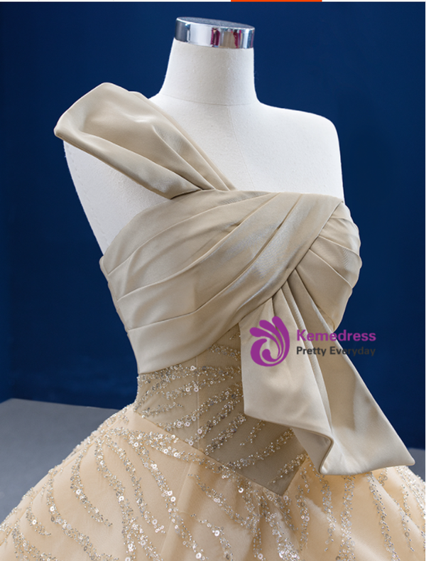 Champagne Strapless Tulle Sequins Beading Prom Dress With Feather