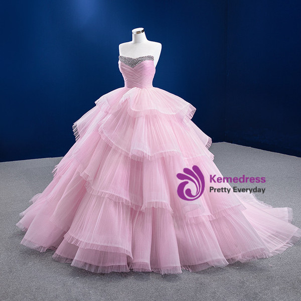 Pink Strapless Pleats Crystal Prom Dress